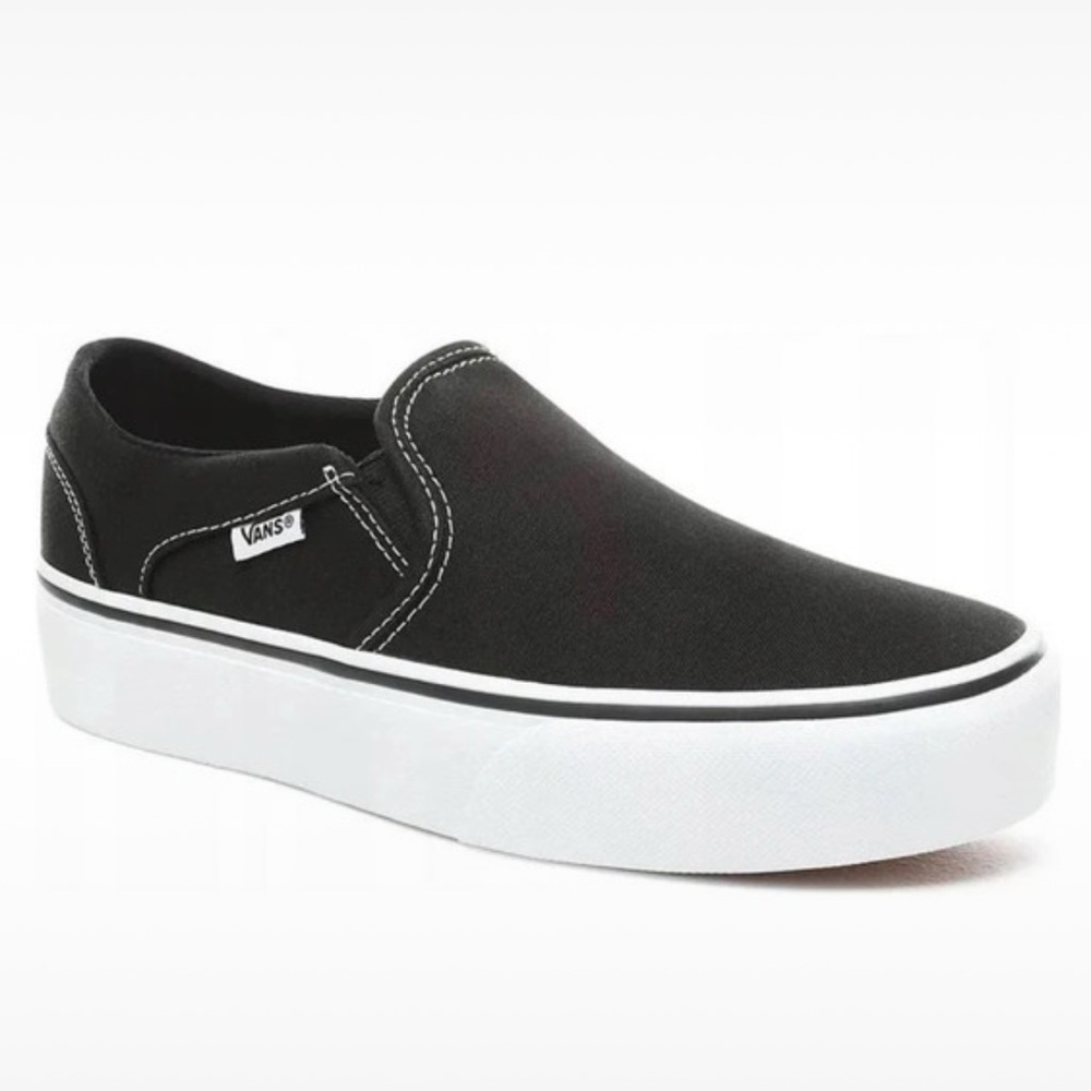 Vans Asher Black Canvas Slip-On Platform Shoes 9 classic black sneakers